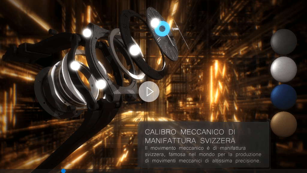 Bulgari VR Diagono Magnesium: a 3D watch exploded into its components in a virtual environment.