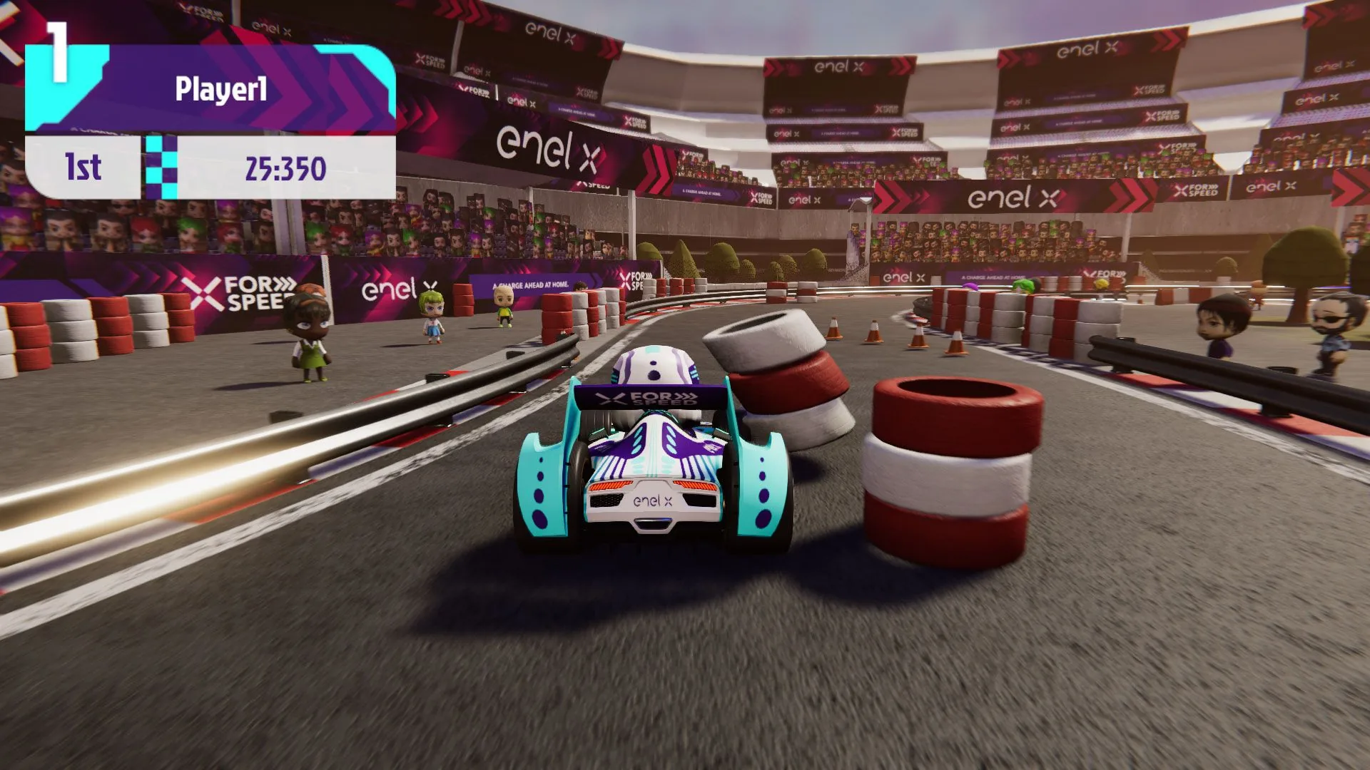 Enel X Motorsport X-Games: a branded kart racing through the tyre barriers, in game.