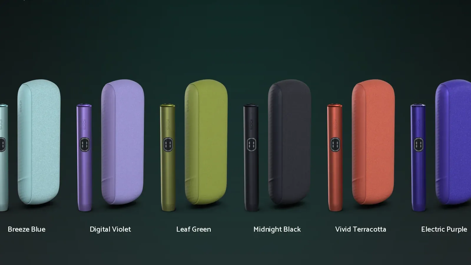 The IQOS ILUMA i in six colourways, rendered by the pipeline.