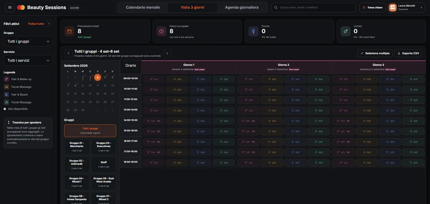 Three-day view, with the day's bookings side by side.