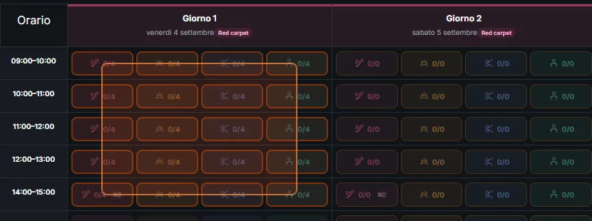 Capacity per slot, edited in bulk by selecting a range.