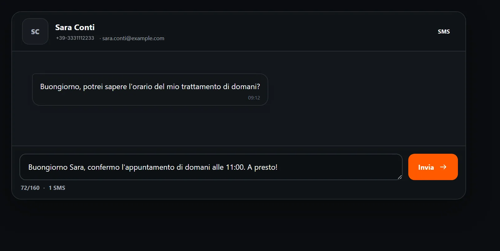 An SMS conversation, with the character counter.