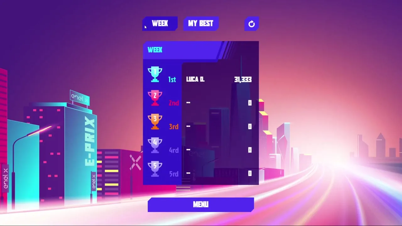 The player's best times and the weekly leaderboard.
