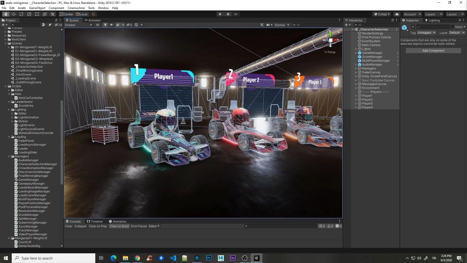 The garage scene being built in Unity, with the player bays and the karts.