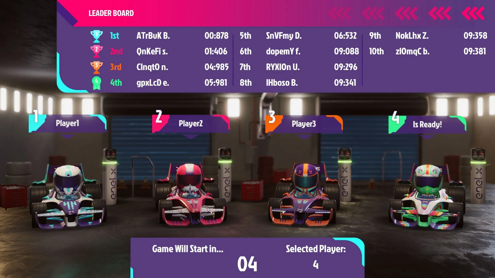 The garage screen: four players, live leaderboard, countdown to the race.