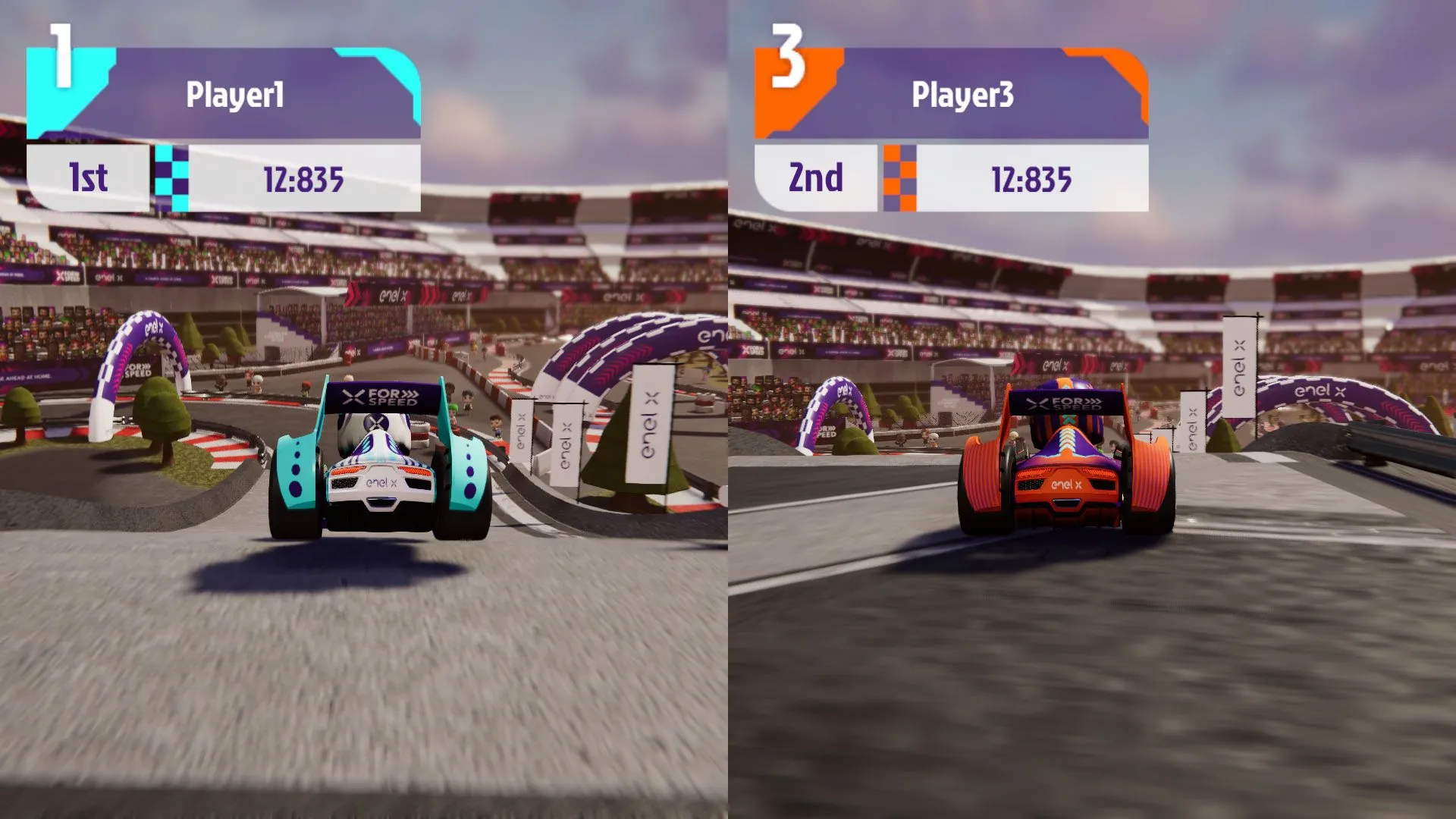 Two-player split screen, mid-race.