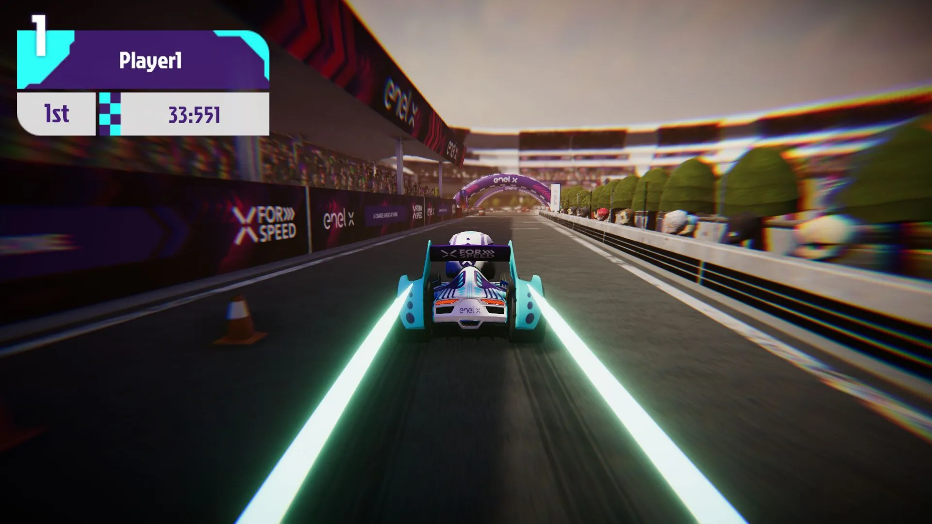 A boost on the straight, with the kart's light trails.