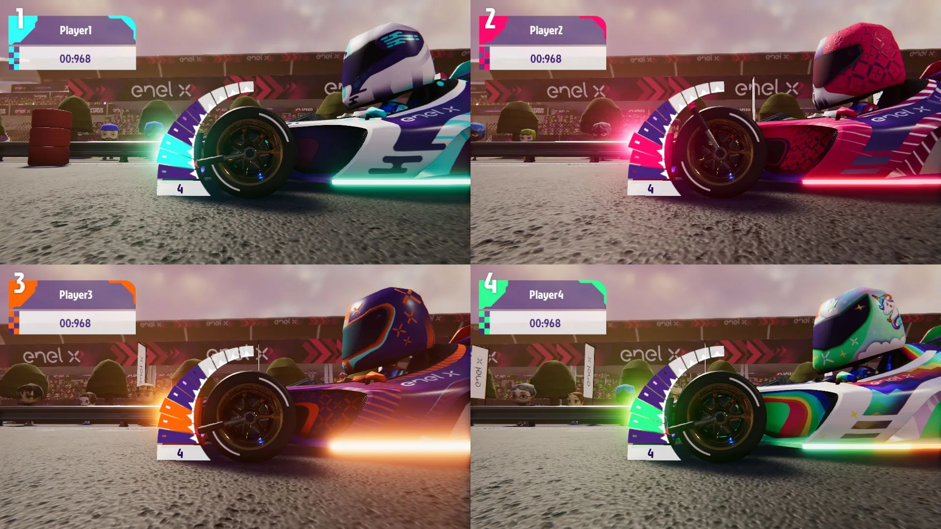 Four-way split screen on the starting grid.