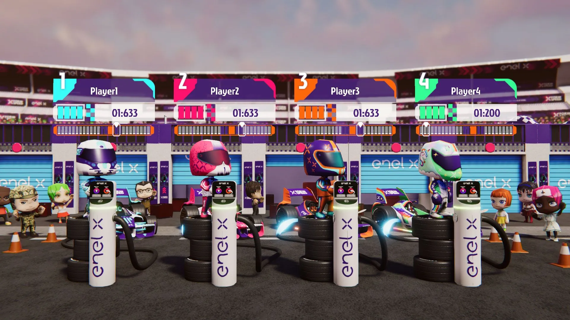 Another pit-lane minigame: four players against the clock at the Enel X charging columns.