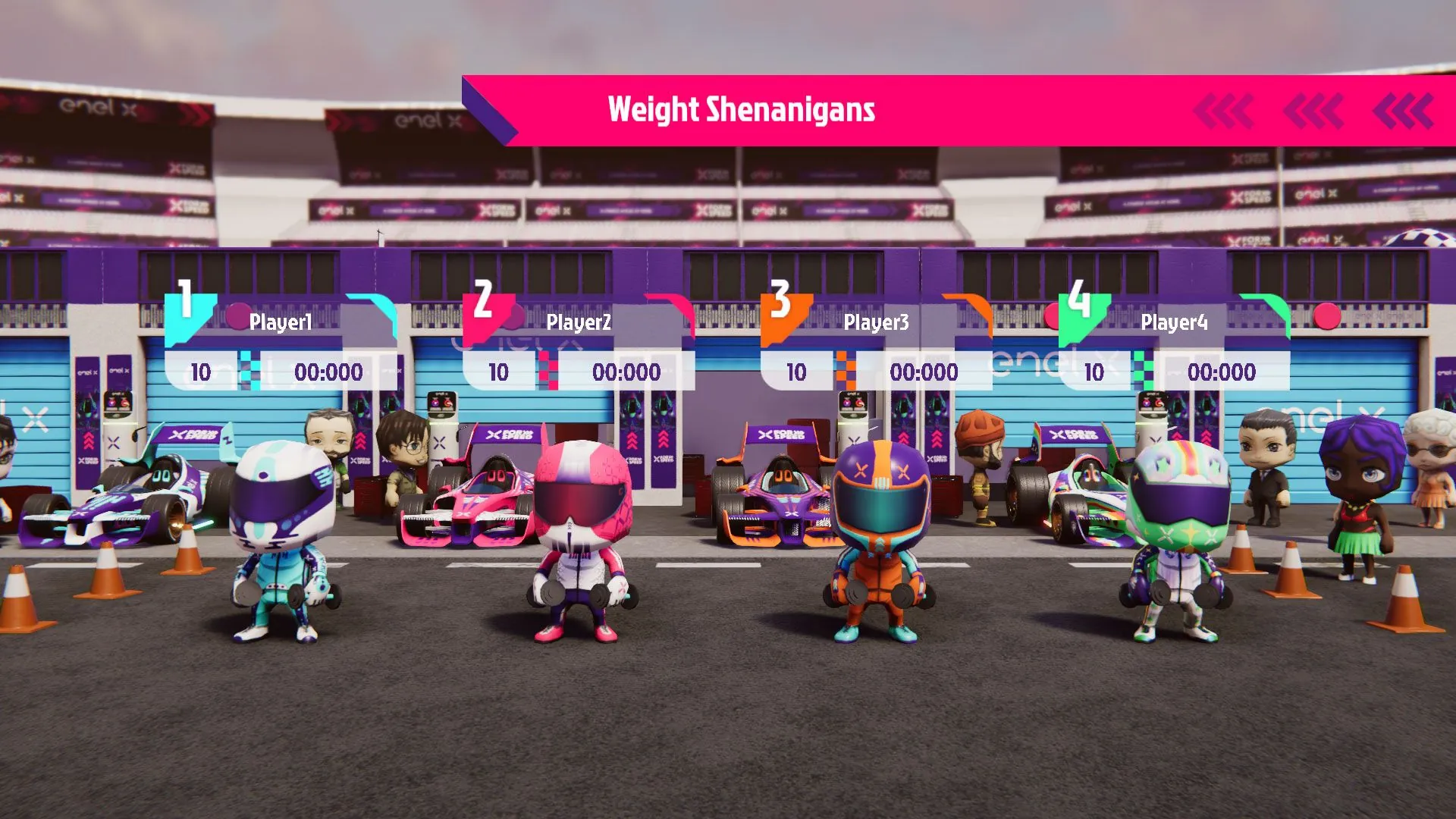 Weight Shenanigans, the weightlifting minigame, with the four player avatars.