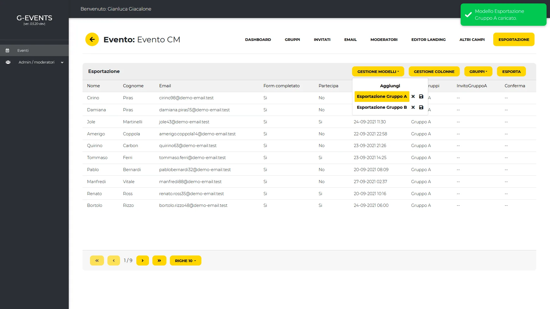 The export module, with saved filter profiles.