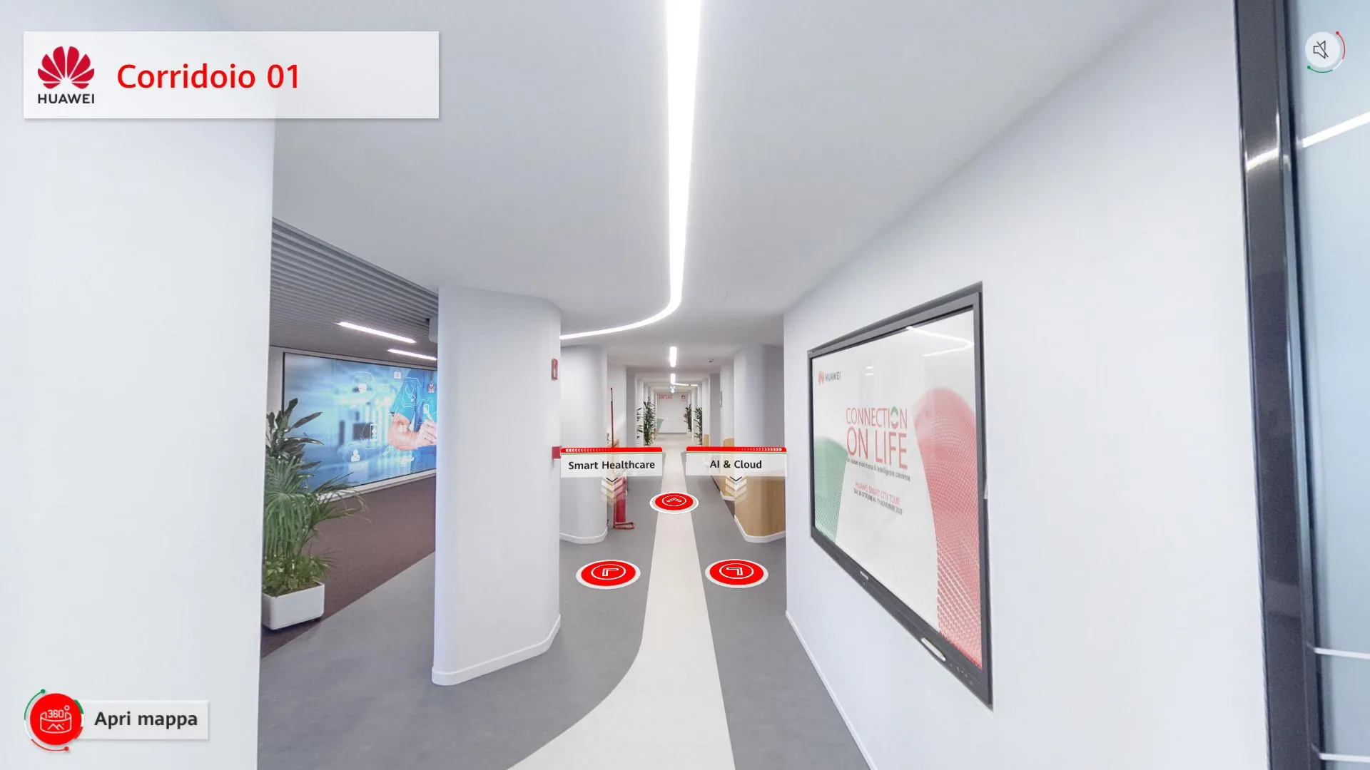 The entrance corridor of the virtual demo area, with clickable hotspots on the floor.