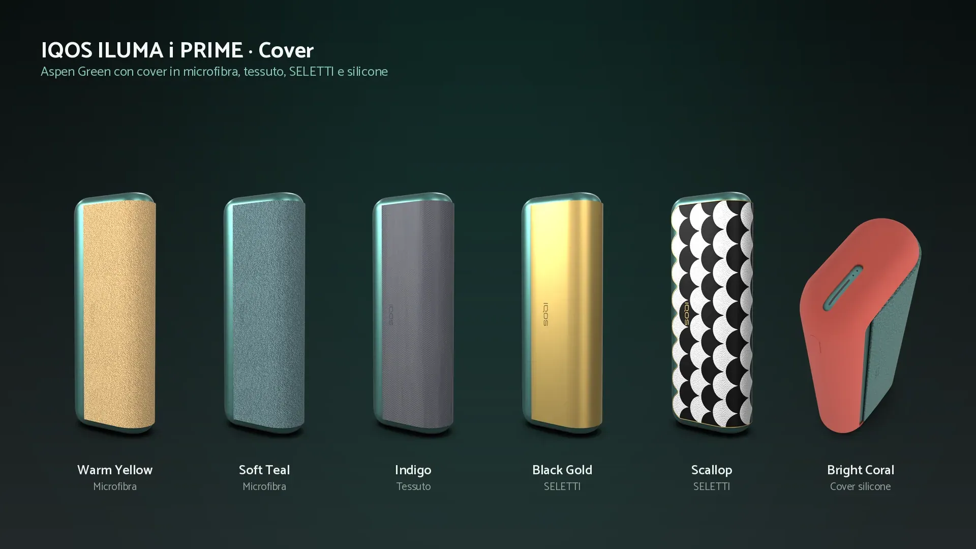 Covers on the ILUMA i PRIME, in microfibre, fabric, SELETTI and silicone.