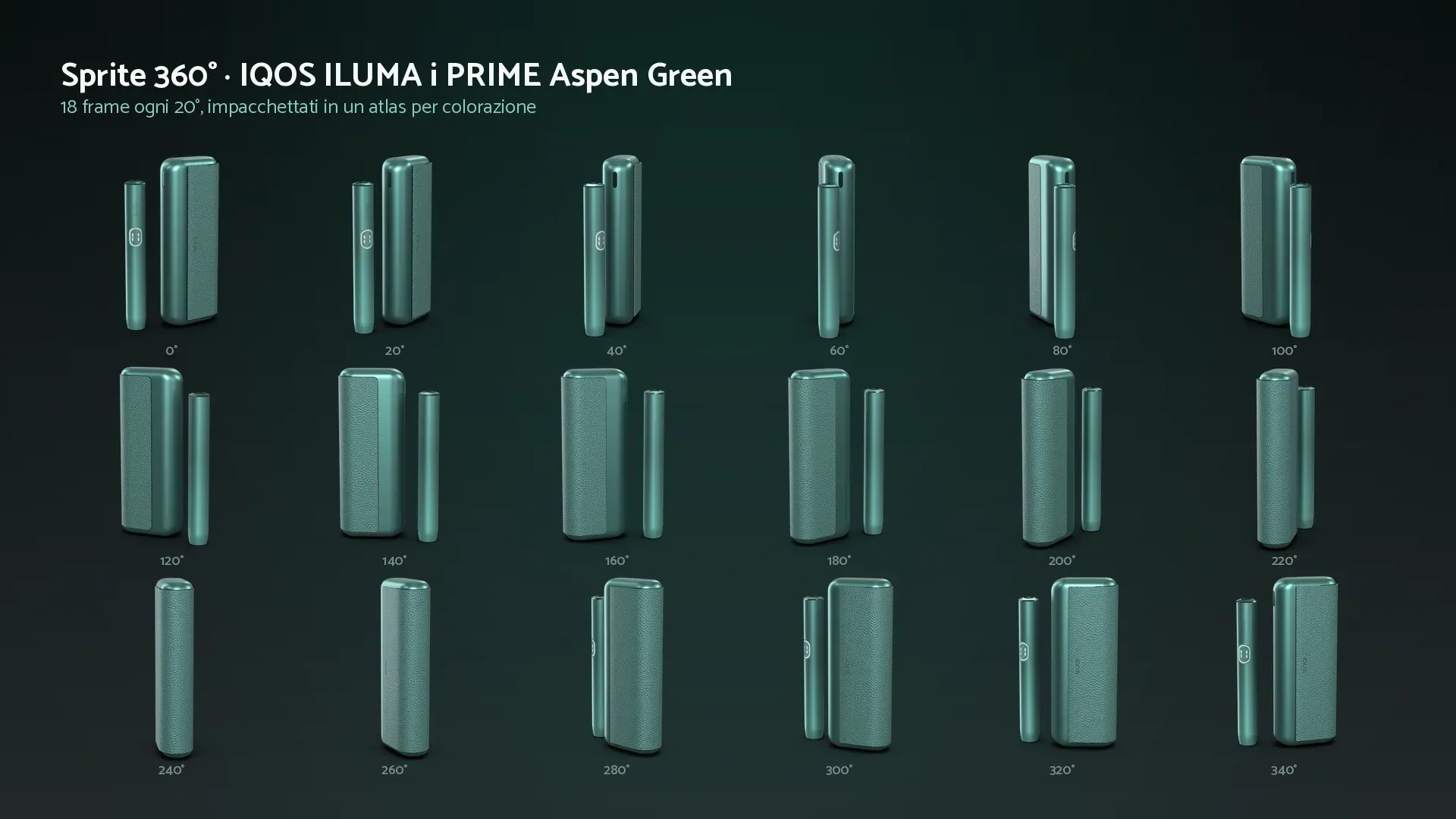 A 360&deg; sprite: 18 frames every 20&deg;, packed into one atlas per colourway.