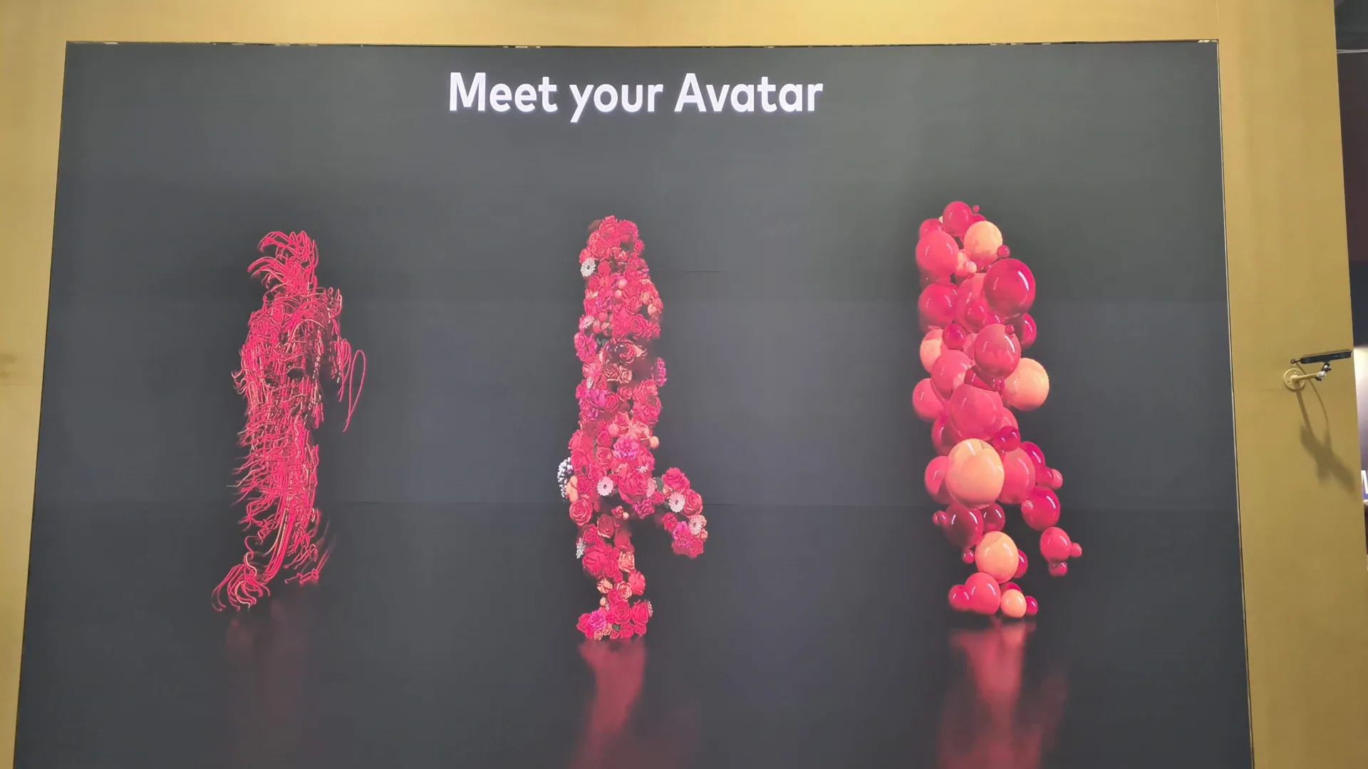 The three avatars - Flowers, Bubbles and Lines - live on the LED wall under the Meet your Avatar title.