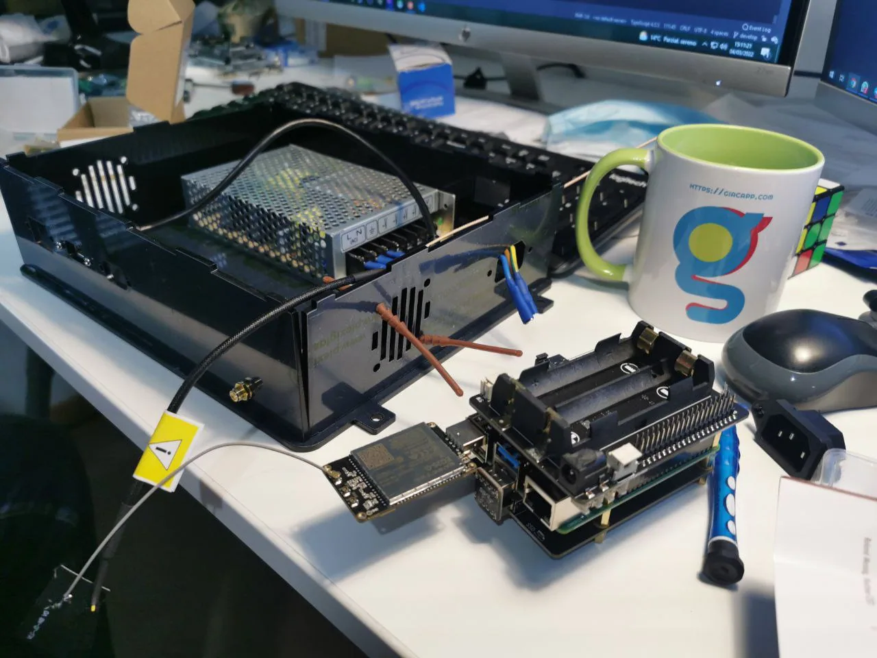 The custom electronics for the fleet on the bench, before assembly.