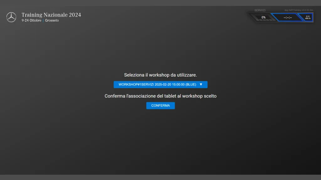 Tablet setup: the operator picks which workshop the device is running.