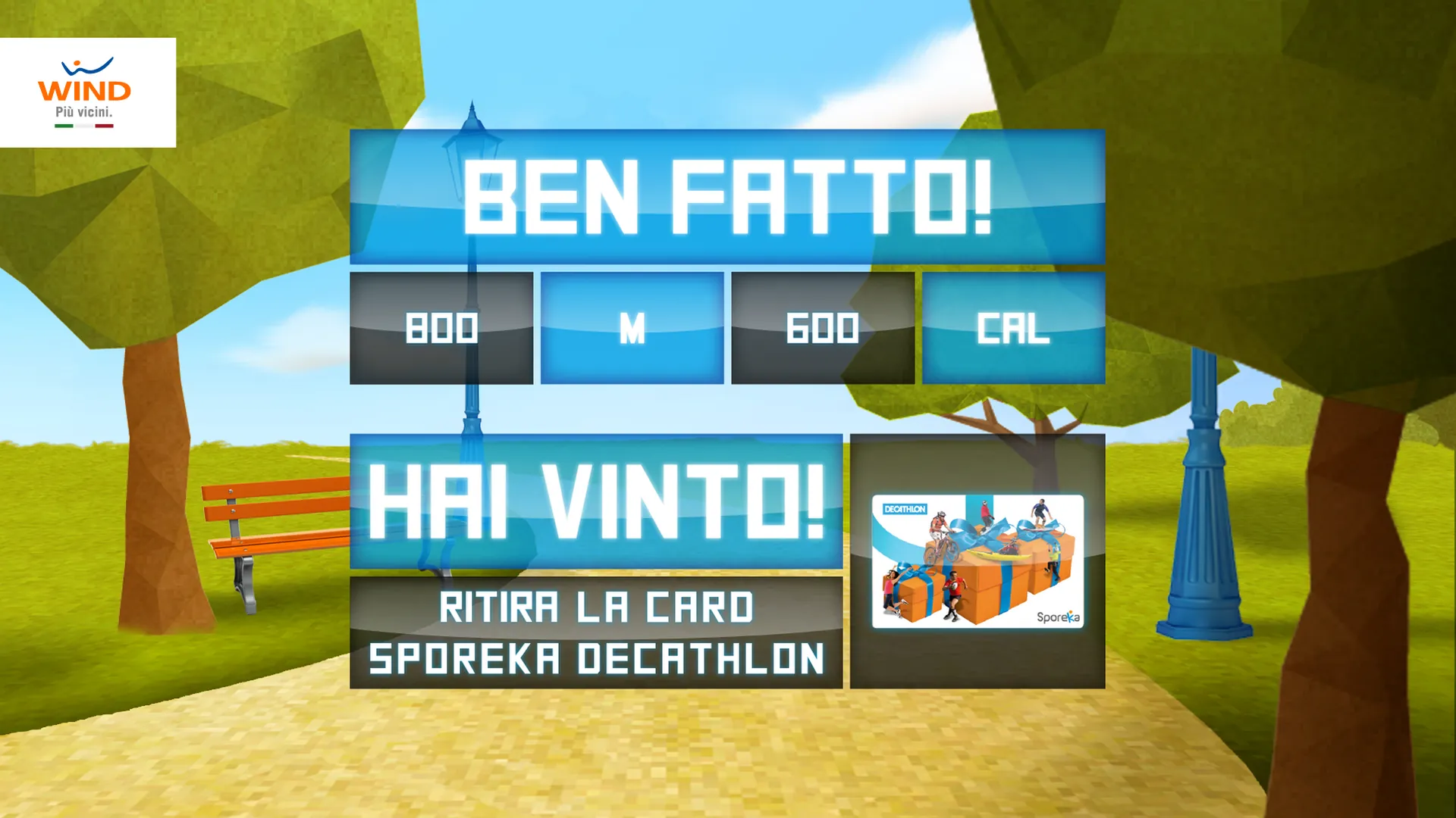 The end screen: distance, calories and the prize to collect.